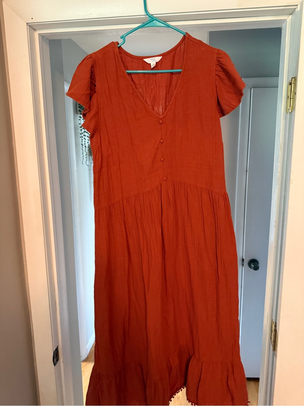 Time and Tru Rust Orange V-Neck Tiered Maxi Dress